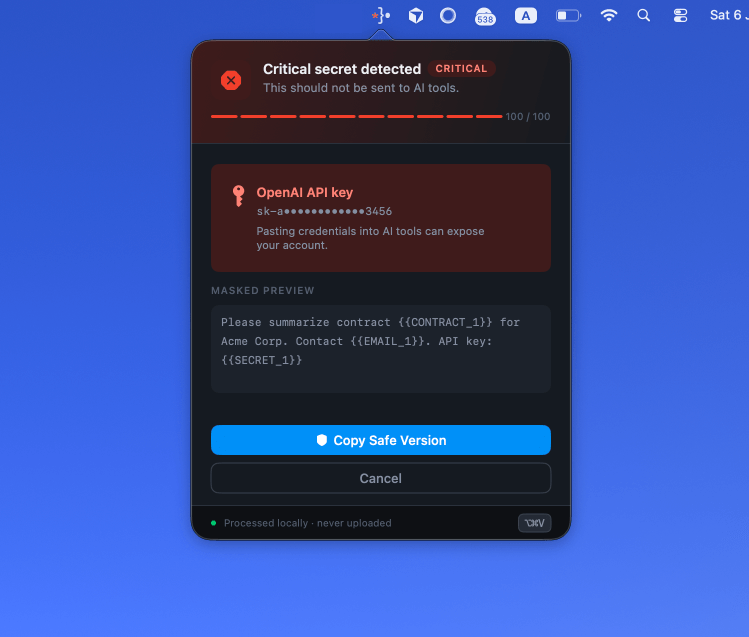 Offsend Safe Paste masking a critical secret in clipboard text