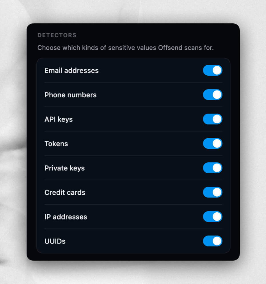 Offsend extension detector settings for emails, API keys, tokens, and more