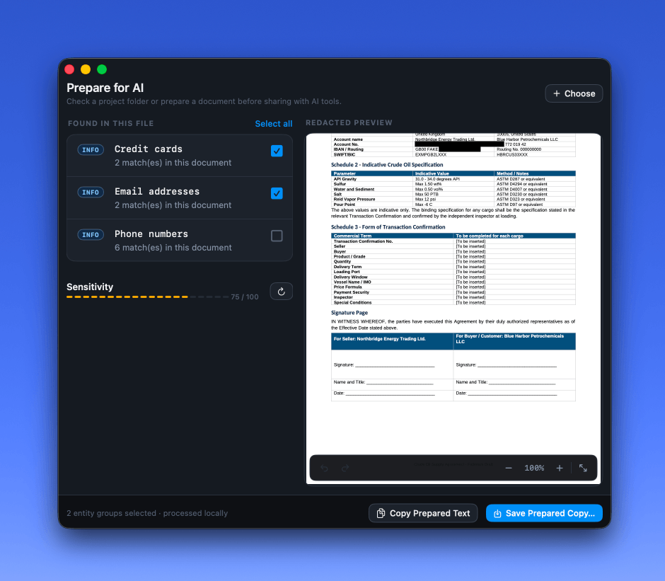 Offsend preparing a document with redacted sensitive data
