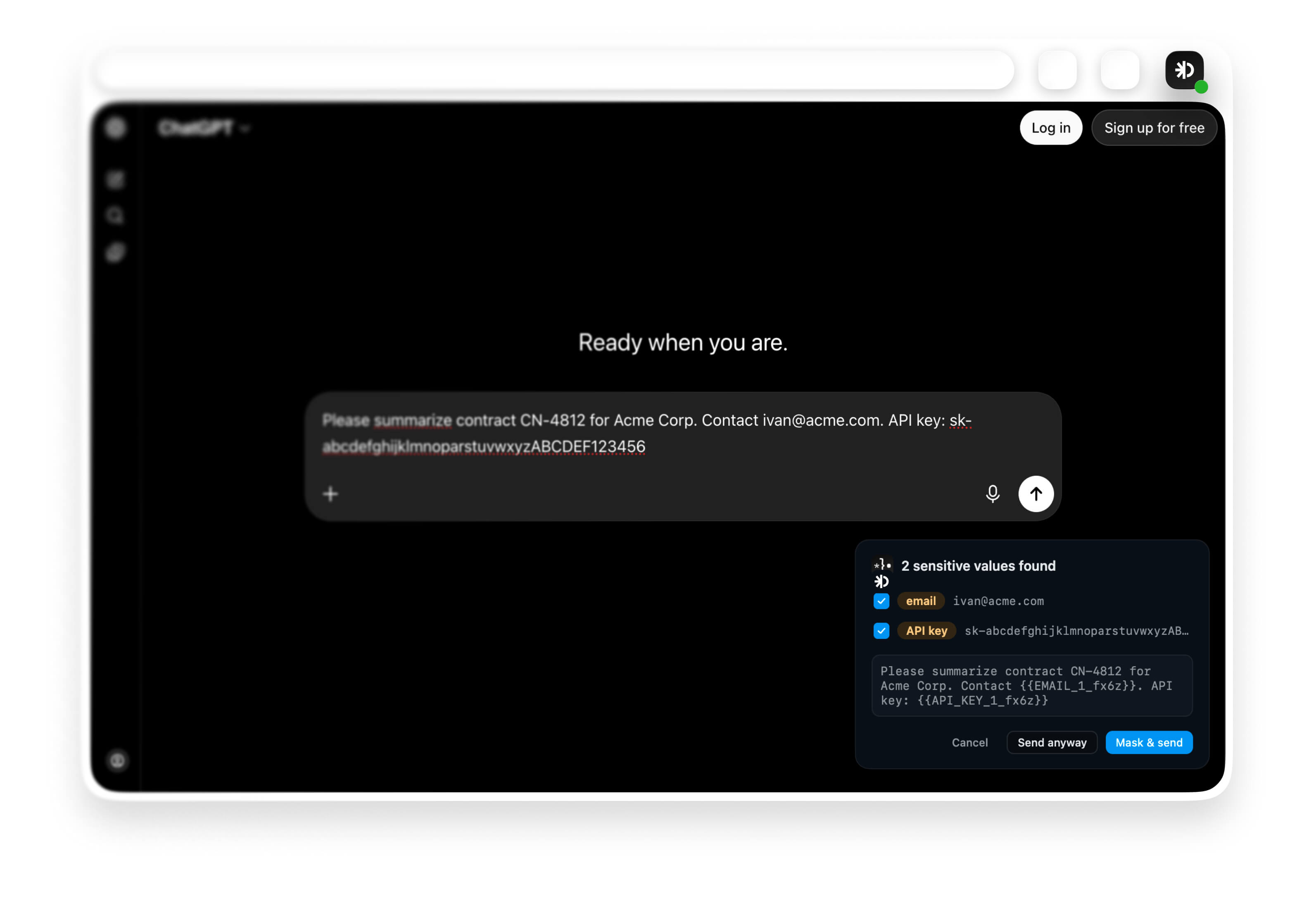 Offsend browser extension detecting and masking an email and API key in ChatGPT before send