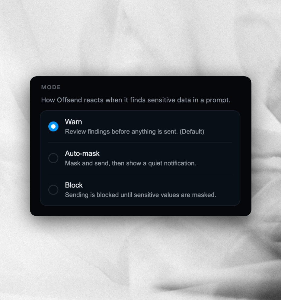 Offsend extension mode settings: Warn, Auto-mask, and Block