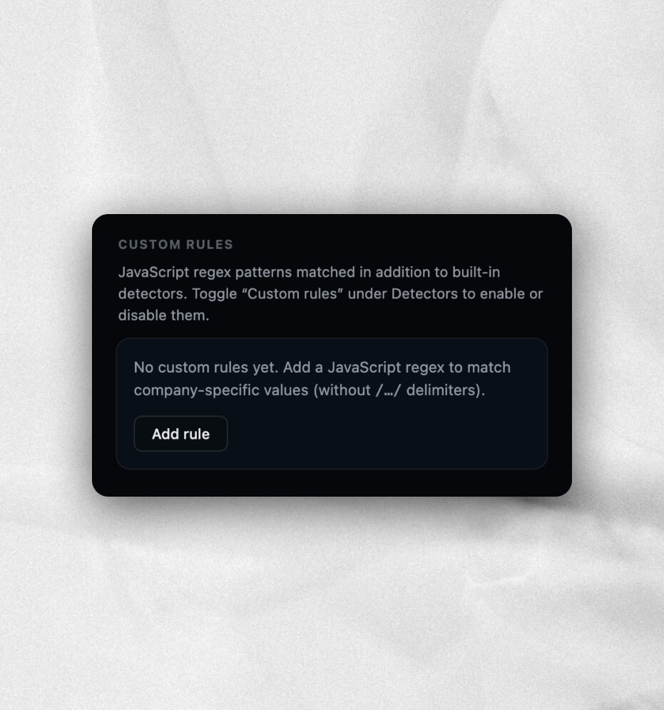 Offsend extension custom rules settings for adding JavaScript regex patterns