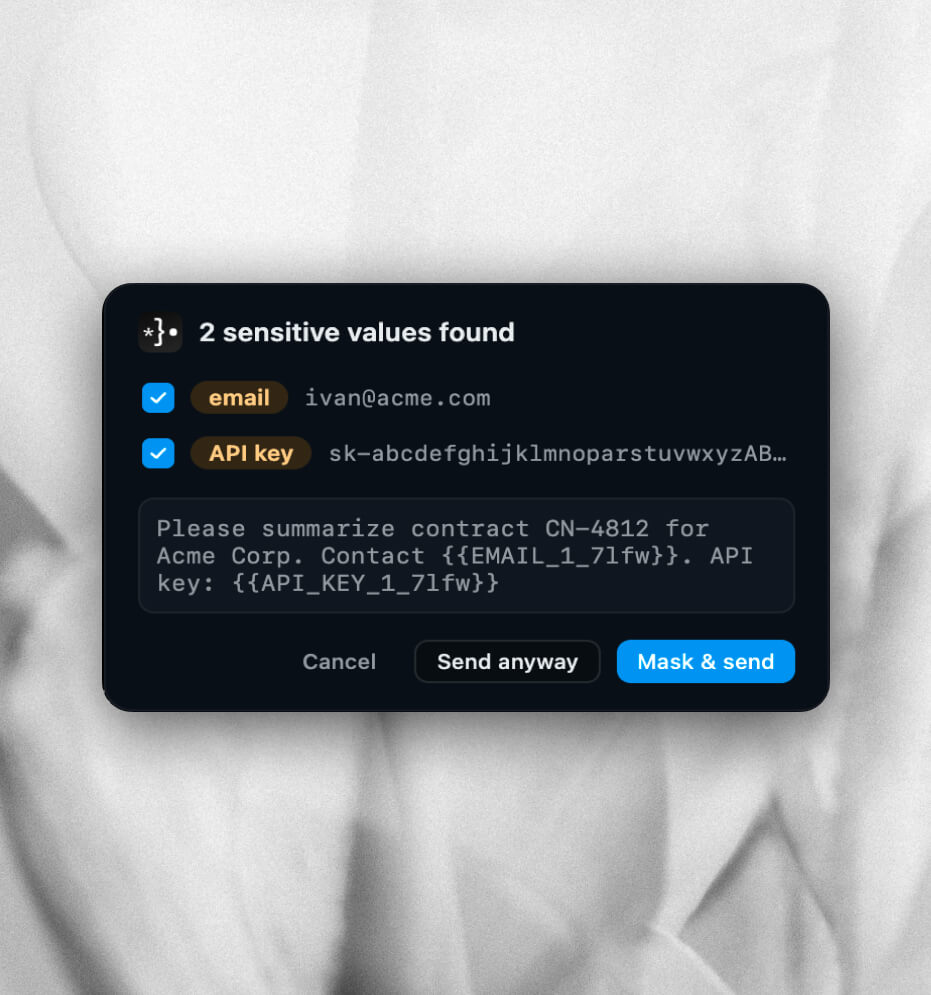 Offsend extension review dialog with checkboxes to disable masking for individual sensitive values
